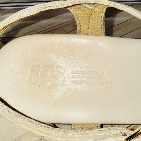 SAS Aurora T-Strap Sandal Women's 8M Soft Gold Glitter Wedge Leather USA Made