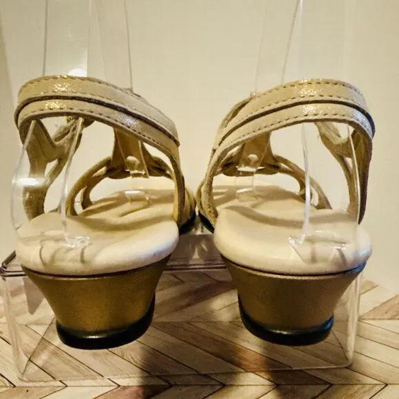 SAS Aurora T-Strap Sandal Women's 8M Soft Gold Glitter Wedge Leather USA Made
