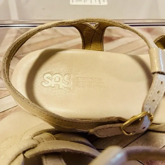 SAS Aurora T-Strap Sandal Women's 8M Soft Gold Glitter Wedge Leather USA Made