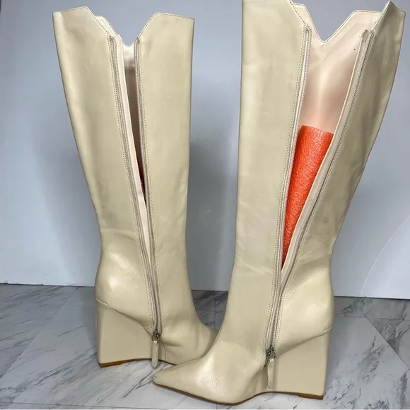 Schutz Asya Up Eggshell Leather Pointy Toe Wedge Tall Boot 8B
