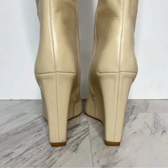 Schutz Asya Up Eggshell Leather Pointy Toe Wedge Tall Boot 8B