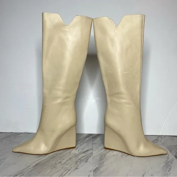 Schutz Asya Up Eggshell Leather Pointy Toe Wedge Tall Boot 8B