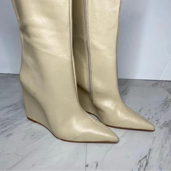 Schutz Asya Up Eggshell Leather Pointy Toe Wedge Tall Boot 8B