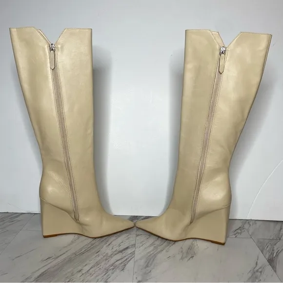 Schutz Asya Up Eggshell Leather Pointy Toe Wedge Tall Boot 8B