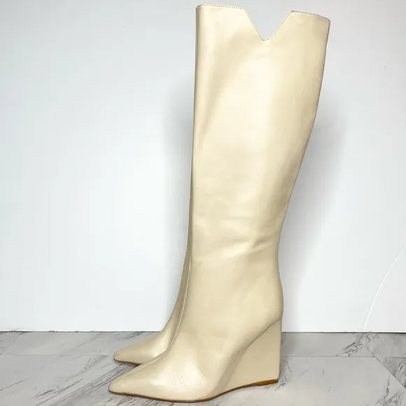 Schutz Asya Up Eggshell Leather Pointy Toe Wedge Tall Boot 8B