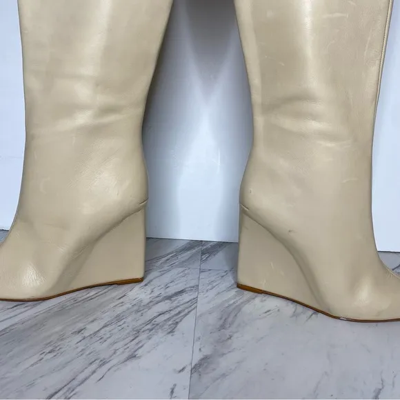 Schutz Asya Up Eggshell Leather Pointy Toe Wedge Tall Boot 8B
