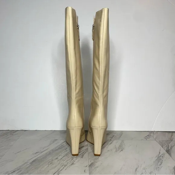 Schutz Asya Up Eggshell Leather Pointy Toe Wedge Tall Boot 8B