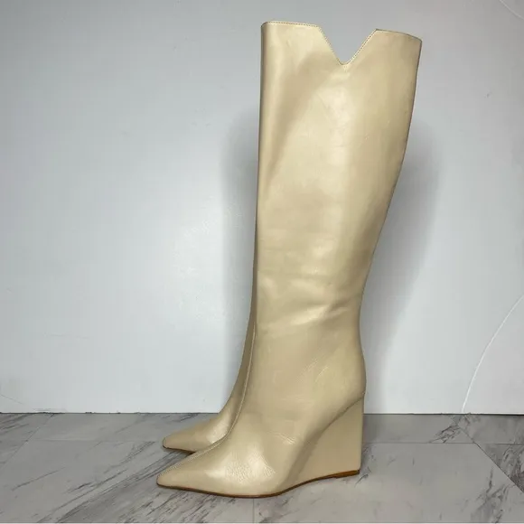 Schutz Asya Up Eggshell Leather Pointy Toe Wedge Tall Boot 8B