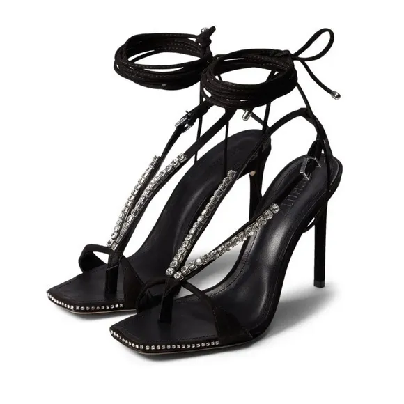 Schutz Vikki Crystal Black Leather Sandals 9