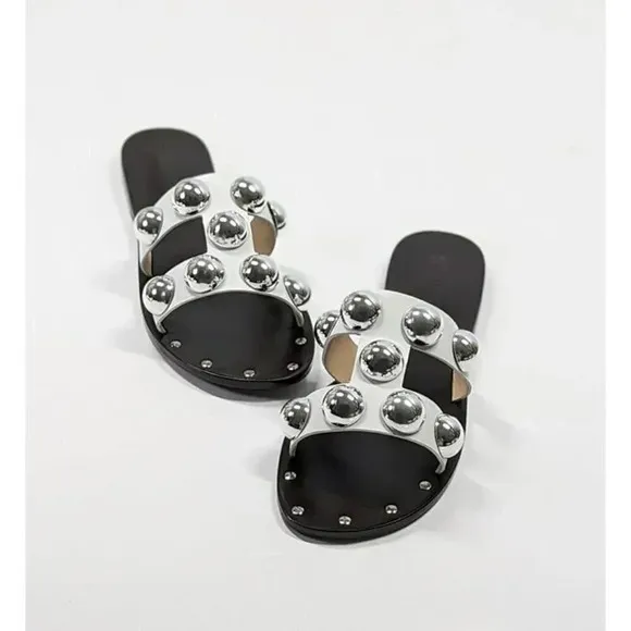 Schutz Women's Benedita Open Toe Studded White Leather Sandal Size 9.5 MSRP $148
