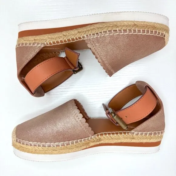 See By Chloe Espadrille Sandals Womens 35 4.5 Brown Scalloped Metallic Leather