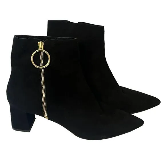 Select Suede Block Heel Ankle Boots •40.5/9.5•Pointed Black Gold Ring Zip Italy