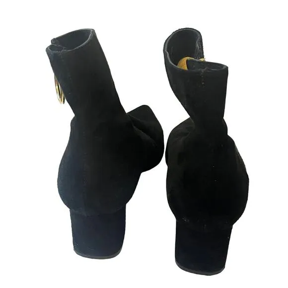 Select Suede Block Heel Ankle Boots •40.5/9.5•Pointed Black Gold Ring Zip Italy