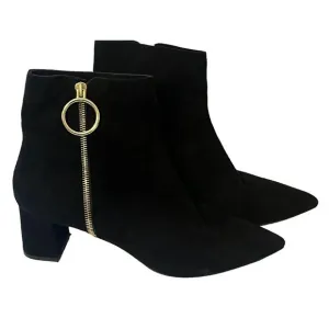 Select Suede Block Heel Ankle Boots •40.5/9.5•Pointed Black Gold Ring Zip Italy