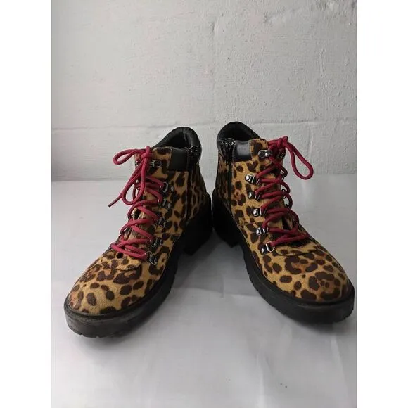 Skechers Teen Spirit Leopard Hiker Combat Lace up Boots Size 8.5 Y2K Chunky Plat