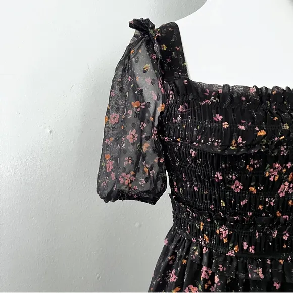 Slate &amp; Willow Black Floral Puff Sleeve Smocked Dress Sz XS