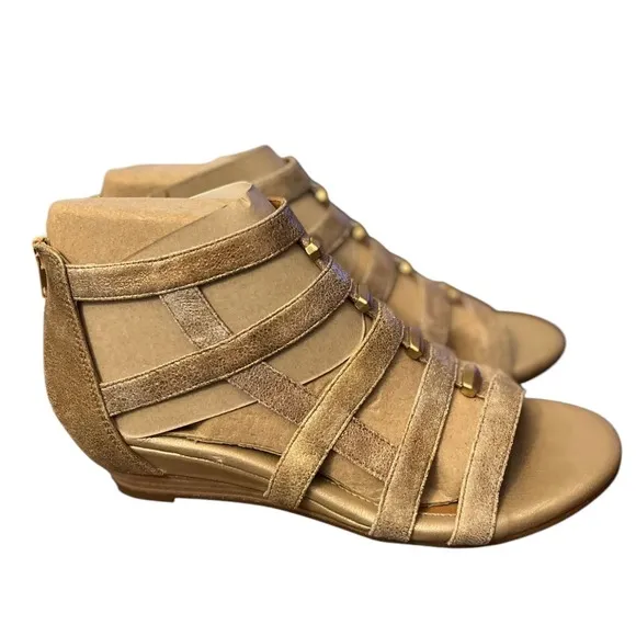 Sofft Gladiator Wedge Sandals Gold Strappy Zip Up Casual Shoes Size 8