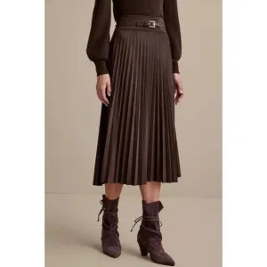 Soft Surroundings Pleated Skirt Size L Faux Suede A-Line Midi Brown Western Boho
