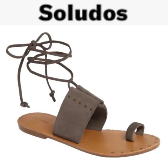 SOLUDOS MILOS DOVE GREY STUDDED SUEDE ANKLE WRAP SANDALS **NWT**
