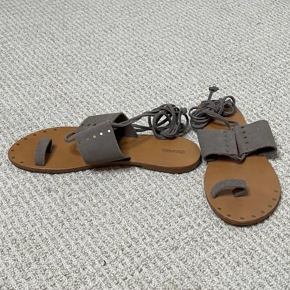 SOLUDOS MILOS DOVE GREY STUDDED SUEDE ANKLE WRAP SANDALS **NWT**