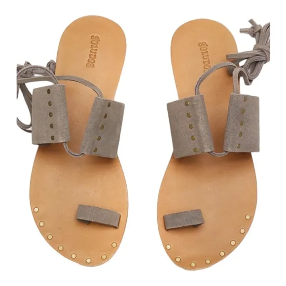 SOLUDOS MILOS DOVE GREY STUDDED SUEDE ANKLE WRAP SANDALS **NWT**