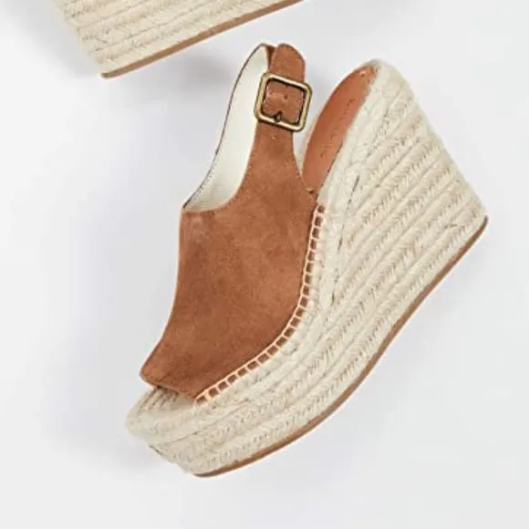 Soludos Sevilla Walnut Tan Suede Espadrille Platform Wedge Slingback Sandals 8.5