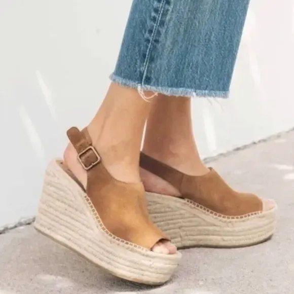 Soludos Sevilla Walnut Tan Suede Espadrille Platform Wedge Slingback Sandals 8.5