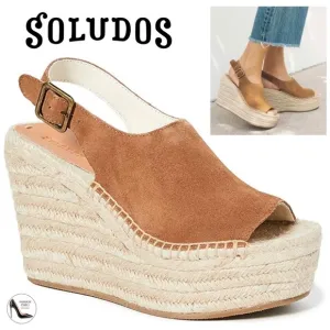 Soludos Sevilla Walnut Tan Suede Espadrille Platform Wedge Slingback Sandals 8.5