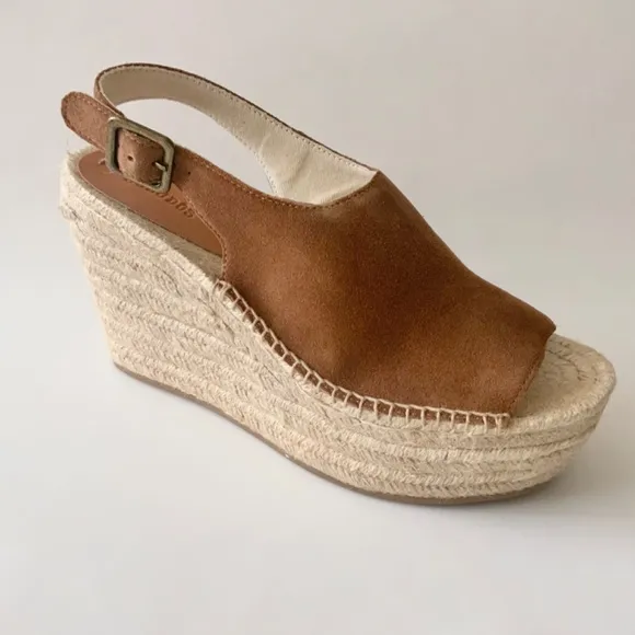 Soludos Sevilla Walnut Tan Suede Espadrille Platform Wedge Slingback Sandals 8.5