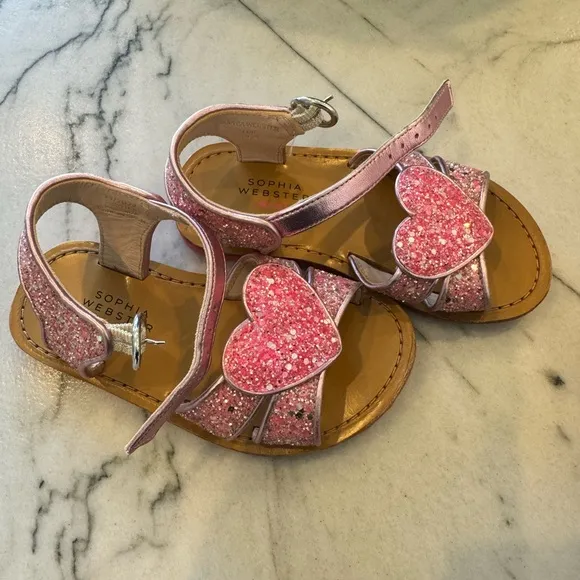 Sophia Webster Mini Pink glitter Heart-Patch Leather Sandals size 26