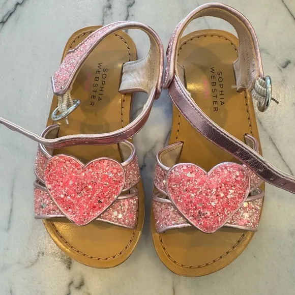 Sophia Webster Mini Pink glitter Heart-Patch Leather Sandals size 26