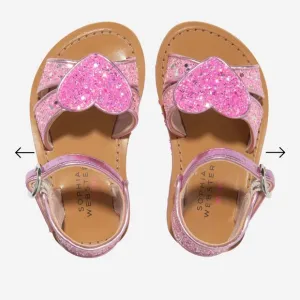 Sophia Webster Mini Pink glitter Heart-Patch Leather Sandals size 26