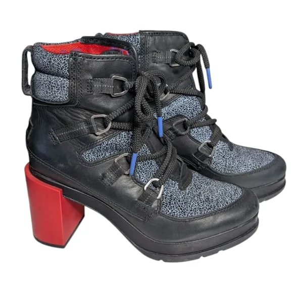 Sorel Black Lace Shatter Leather Boots w/ Red Chunky Heel Ankle Boots Size 7.5