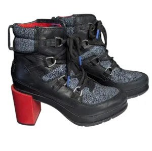 Sorel Black Lace Shatter Leather Boots w/ Red Chunky Heel Ankle Boots Size 7.5