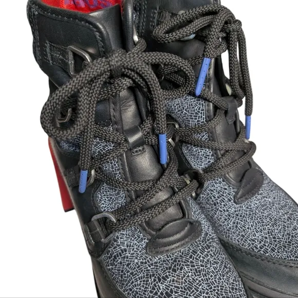Sorel Black Lace Shatter Leather Boots w/ Red Chunky Heel Ankle Boots Size 7.5