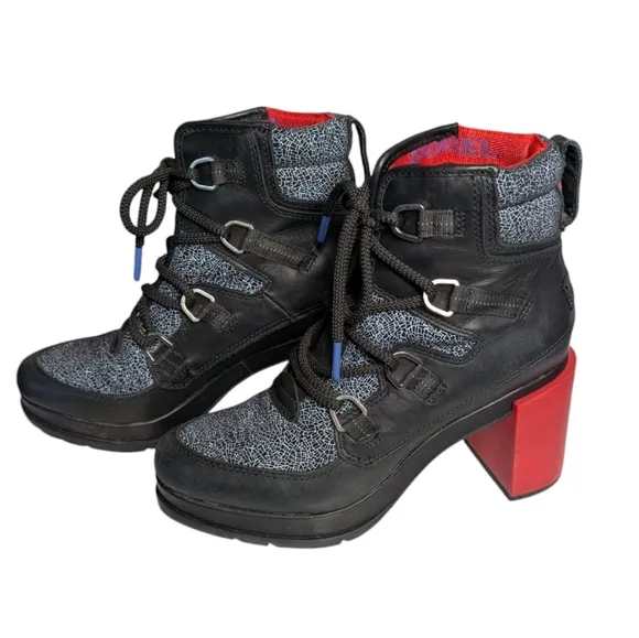 Sorel Black Lace Shatter Leather Boots w/ Red Chunky Heel Ankle Boots Size 7.5