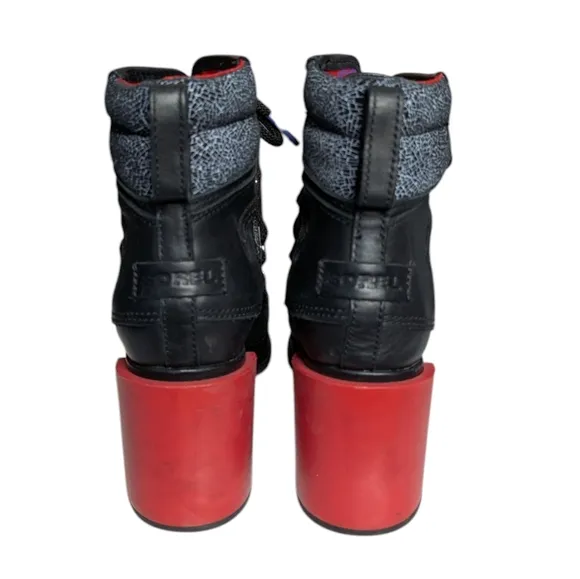 Sorel Black Lace Shatter Leather Boots w/ Red Chunky Heel Ankle Boots Size 7.5