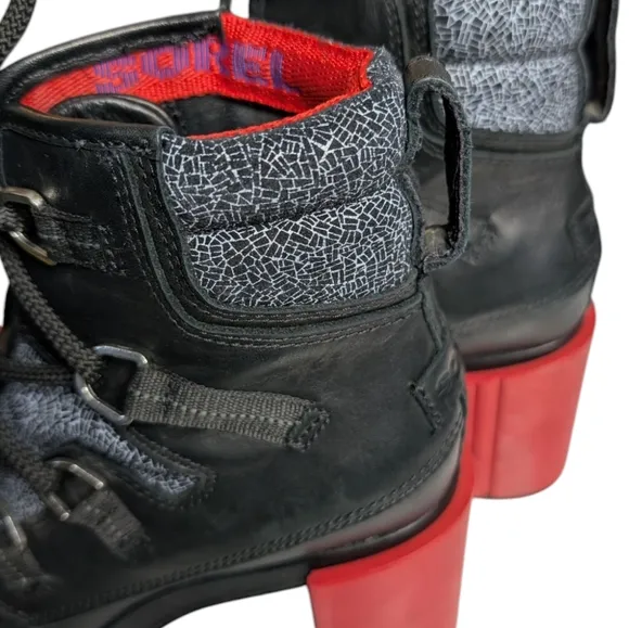 Sorel Black Lace Shatter Leather Boots w/ Red Chunky Heel Ankle Boots Size 7.5