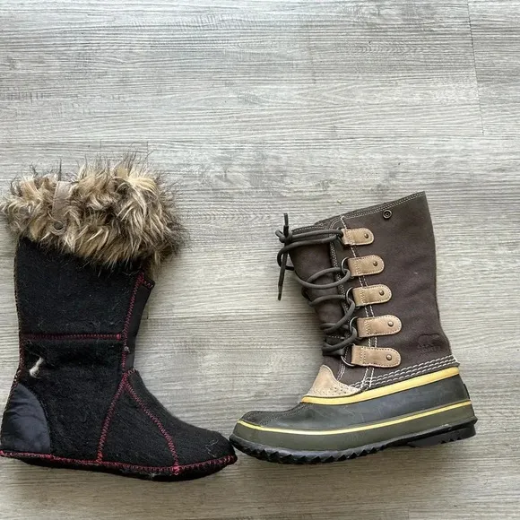 Sorel boots size 7 very roomy waterproof army green suede with faux fur.
