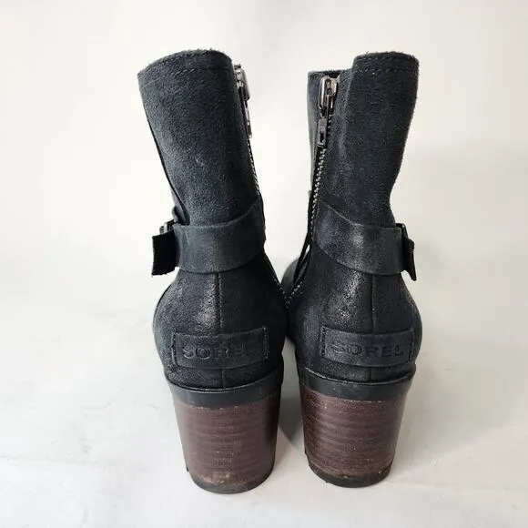 Sorel Cate Buckle Boots Size 8.5 Black Leather Leather Waterproof Block Heel