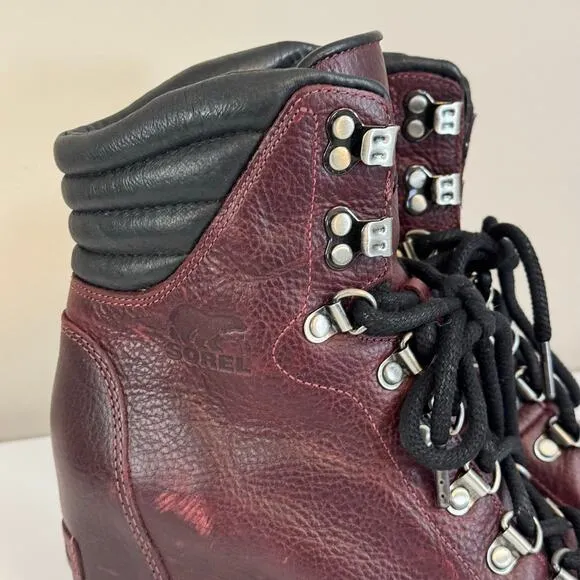 Sorel Conquest Wedge Lace Up Ankle Boots Womens 6.5 Burgundy Leather Waterproof