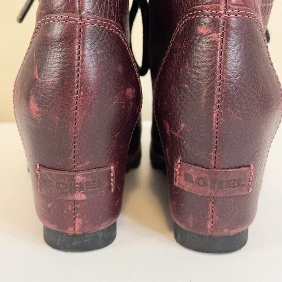 Sorel Conquest Wedge Lace Up Ankle Boots Womens 6.5 Burgundy Leather Waterproof