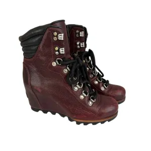 Sorel Conquest Wedge Lace Up Ankle Boots Womens 6.5 Burgundy Leather Waterproof