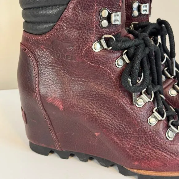 Sorel Conquest Wedge Lace Up Ankle Boots Womens 6.5 Burgundy Leather Waterproof