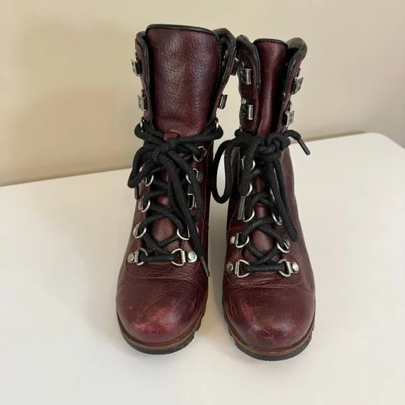 Sorel Conquest Wedge Lace Up Ankle Boots Womens 6.5 Burgundy Leather Waterproof