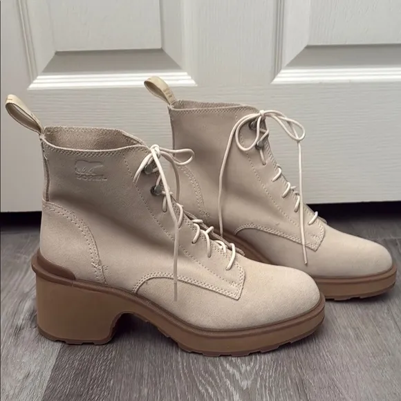 Sorel Hi-Line Heel Cream Lace Up Boots with Chunky Heel