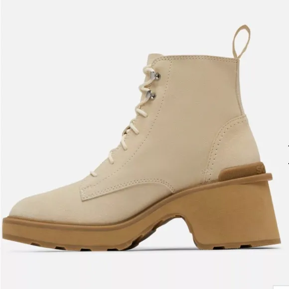 Sorel Hi-Line Heel Cream Lace Up Boots with Chunky Heel