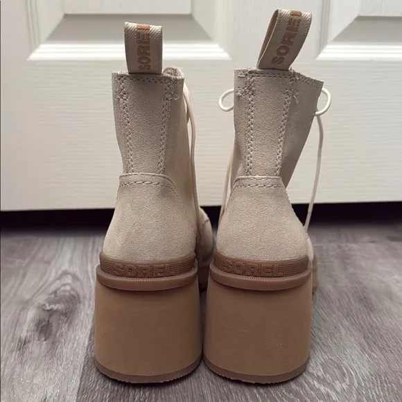 Sorel Hi-Line Heel Cream Lace Up Boots with Chunky Heel