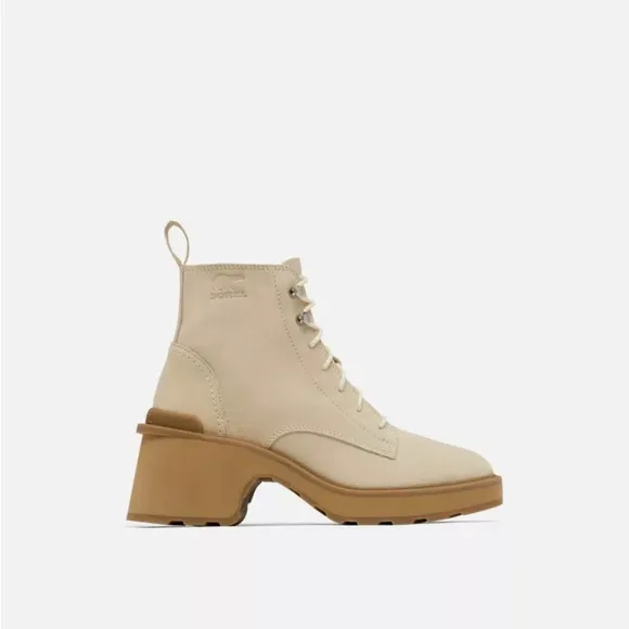 Sorel Hi-Line Heel Cream Lace Up Boots with Chunky Heel