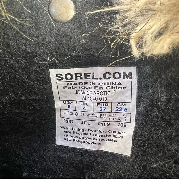 Sorel Joan of Arc Black Furry Snow Winter Lace Up Boots NL1540-010 Size 6